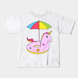 Funny Pink Cartoon Unicorn with umbrella Kids T-Shirt